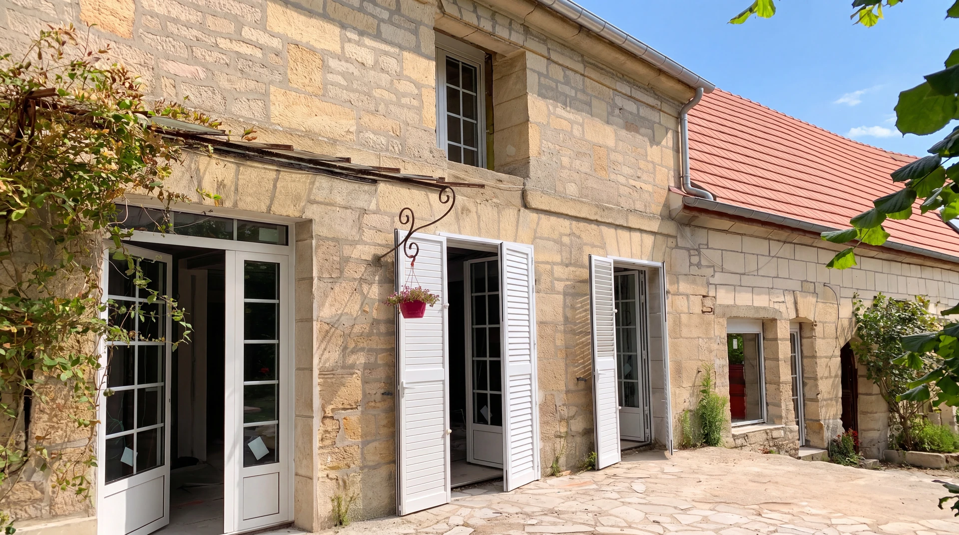 Portail extérieur résidentiel en aluminium gris anthracite à deux vantaux, style contemporain avec partie haute ajourée à barreaudage vertical et partie basse pleine à lames verticales
