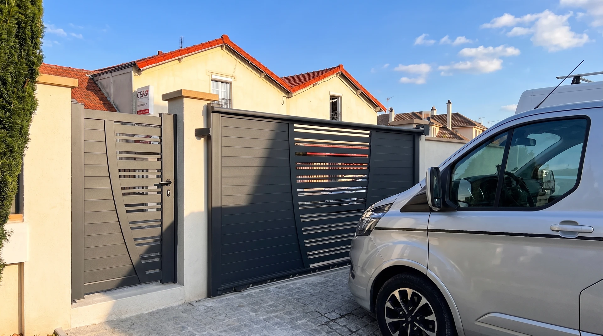 Façade de bâtiment en pierre de taille beige avec toiture en tuiles roses, présentant trois portes-fenêtres blanches à volets assortis donnant sur une cour pavée